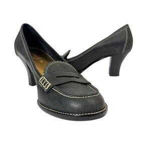 Unisa Leather Heeled Loafers 8B Black Cream Stitching 2.5" Block Heel Shoes‎